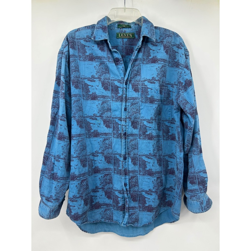 Vintage Levis Sutter Creek Mens Medium Blue Landscape Print Cotton Button Down